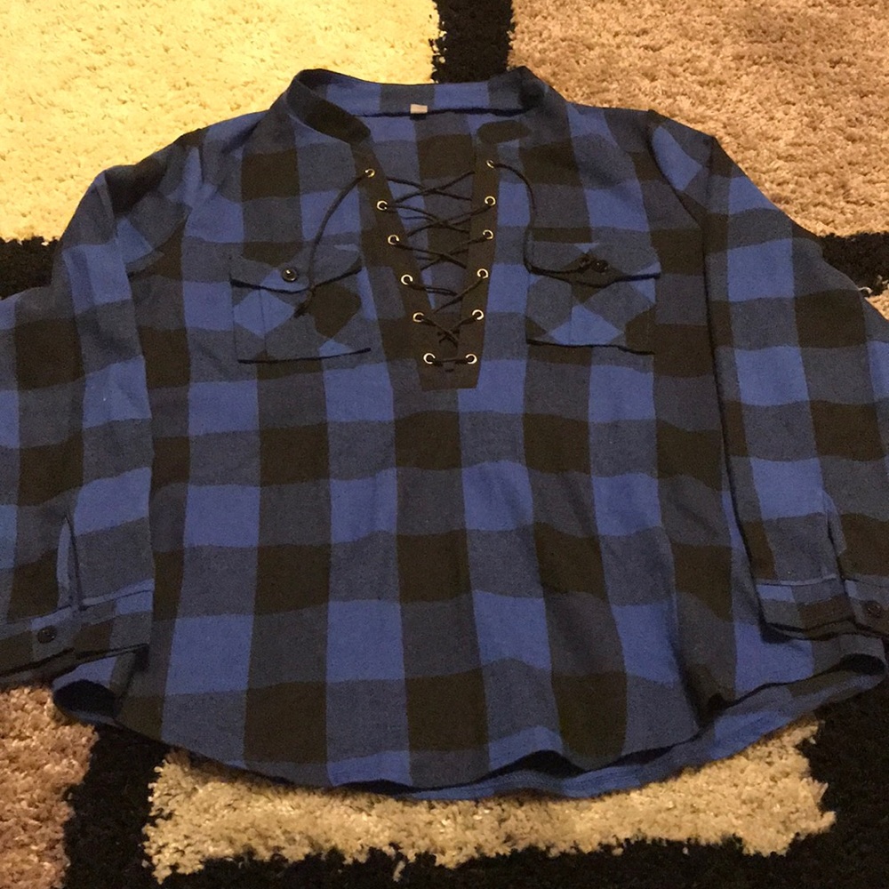 Blue and black Plaid front tie long sleeve shirt.